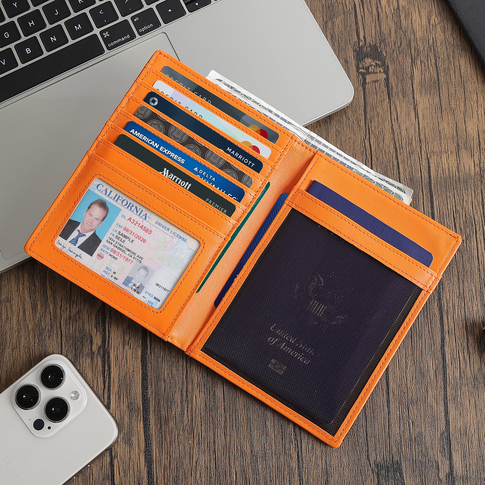 Luxury RFID Blocking Leather Passport Holder Travel Wallet with AirTag Slot (Scenario Shows)