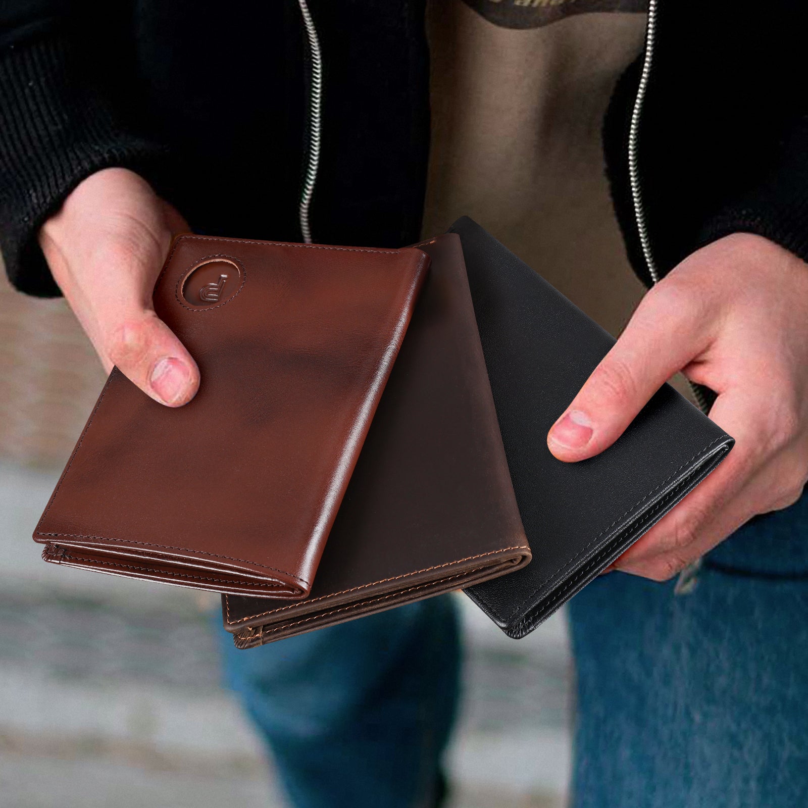 Luxury RFID Blocking Leather Passport Holder Travel Wallet with AirTag Slot (Model Display)