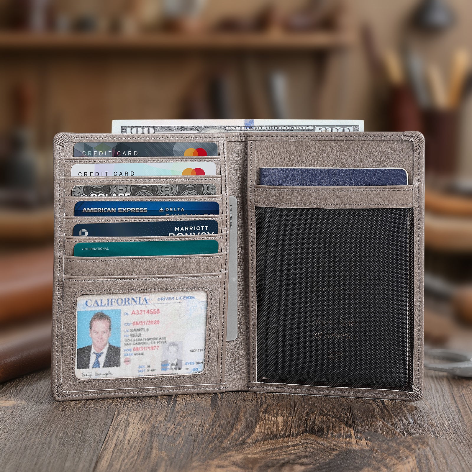 Luxury RFID Blocking Leather Passport Holder Travel Wallet with AirTag Slot (Grey,Scenario Shows)