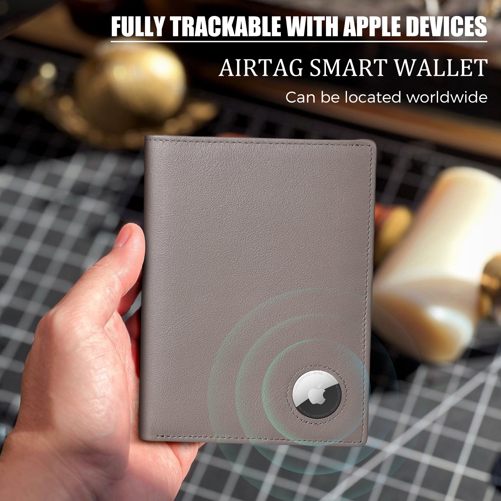 Luxury RFID Blocking Leather Passport Holder Travel Wallet with AirTag Slot (Grey,Model Display)