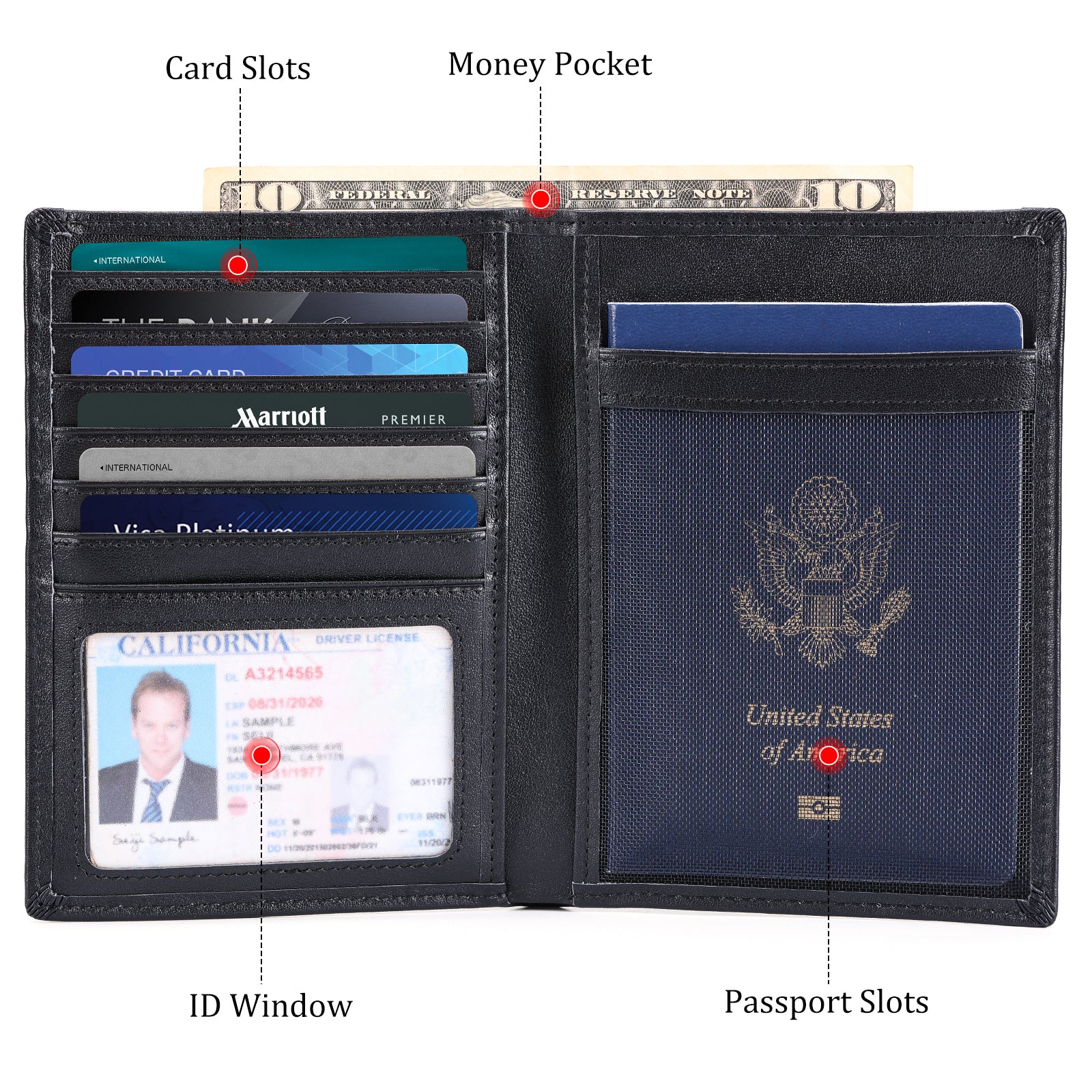 Luxury RFID Blocking Leather Passport Holder Travel Wallet with AirTag Slot (Inside)