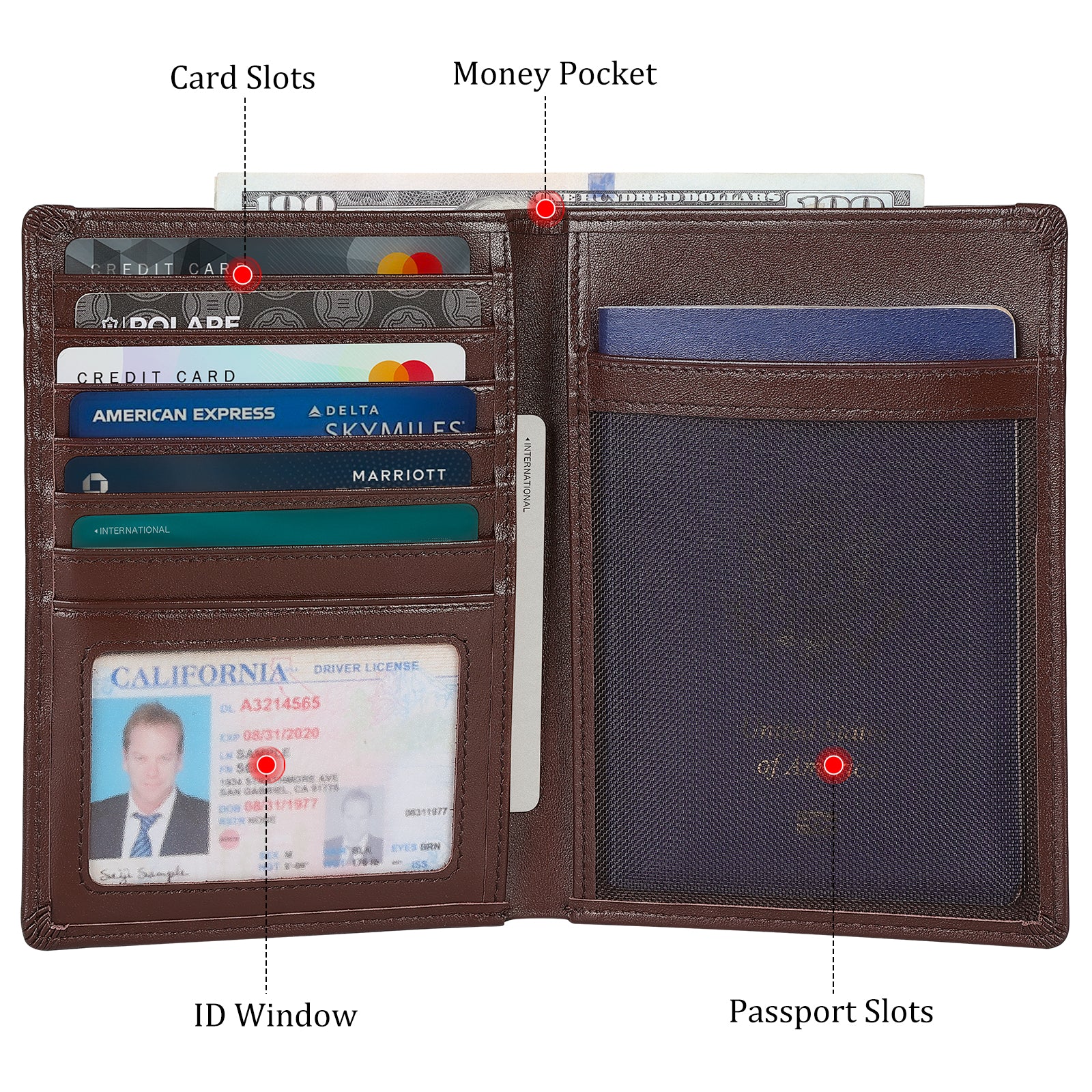 Luxury RFID Blocking Leather Passport Holder Travel Wallet with AirTag Slot (Inside)