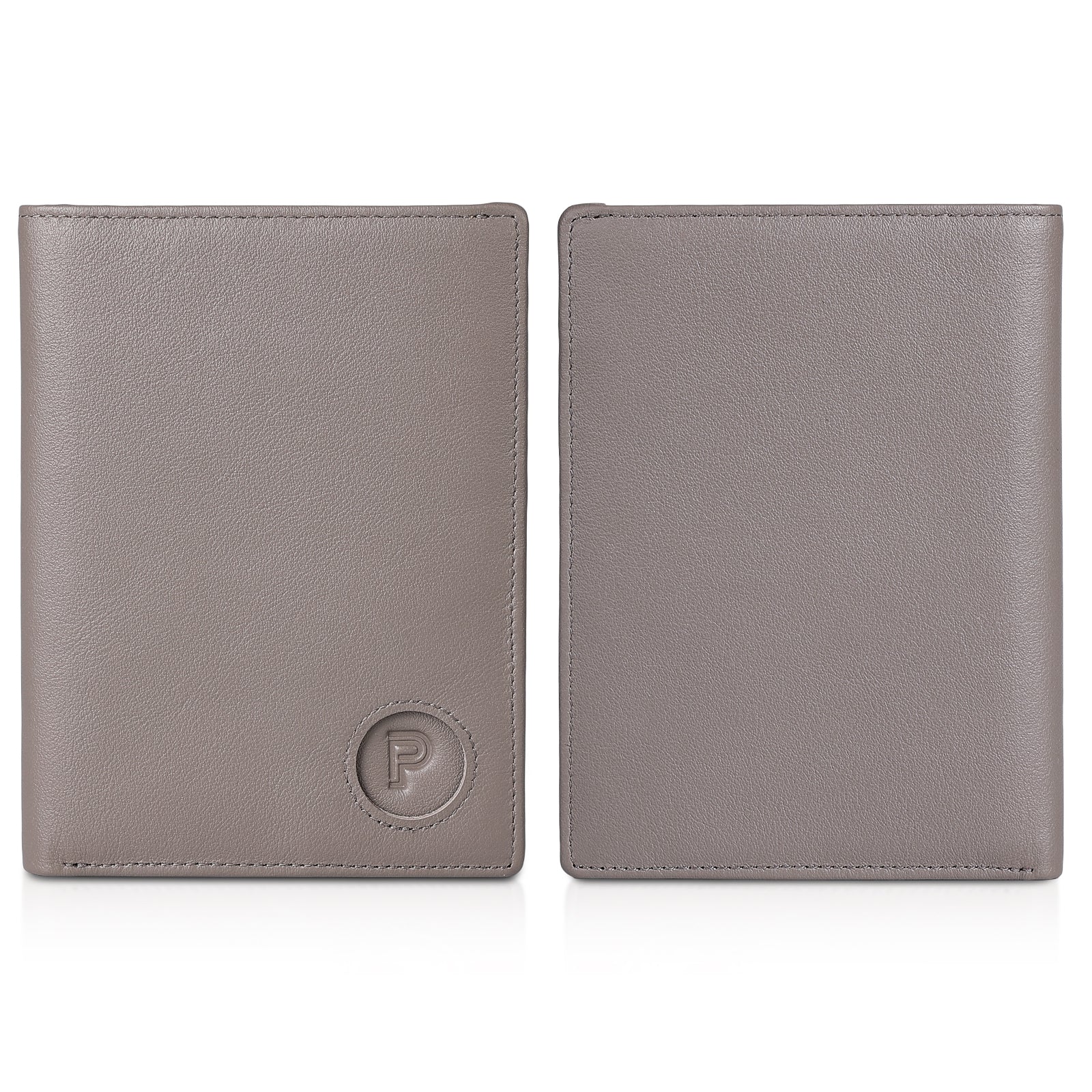 Luxury RFID Blocking Leather Passport Holder Travel Wallet with AirTag Slot (Grey,Front/Back)