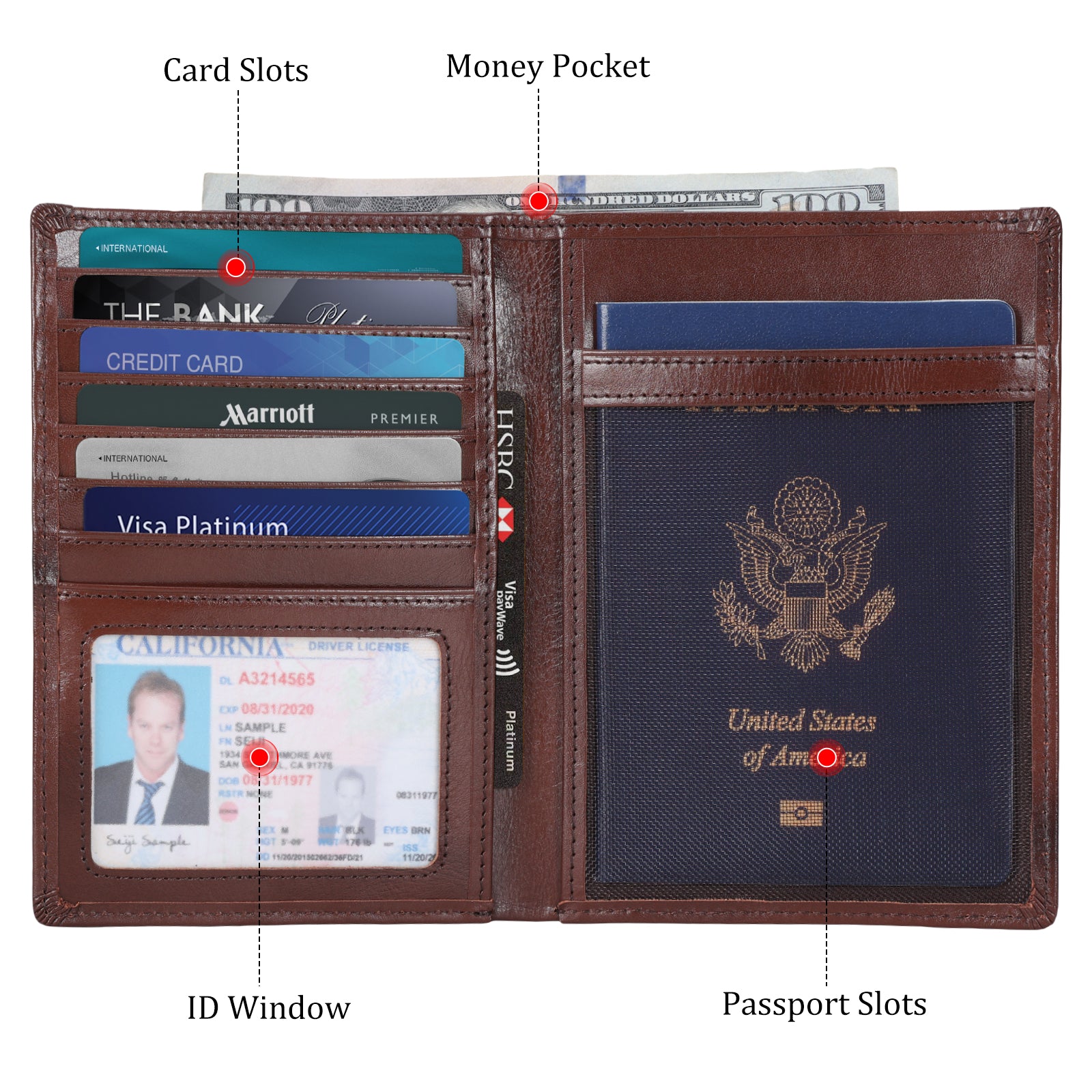 Luxury RFID Blocking Leather Passport Holder Travel Wallet with AirTag Slot (Inside)
