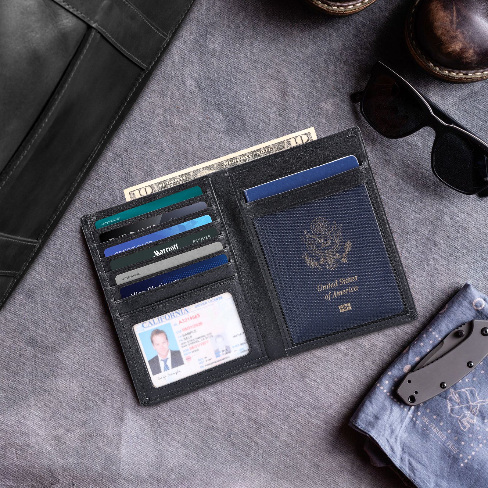Luxury RFID Blocking Leather Passport Holder Travel Wallet with AirTag Slot (Scenario Shows)