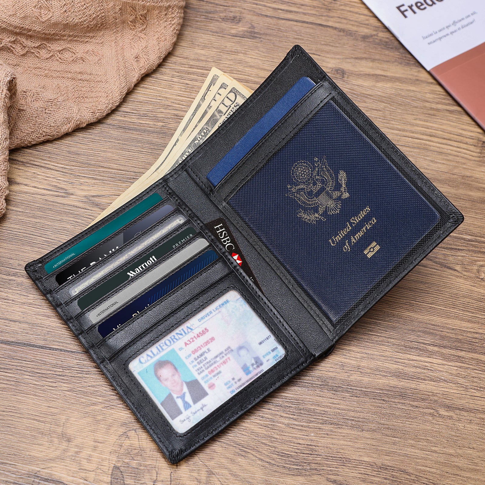 Luxury RFID Blocking Leather Passport Holder Travel Wallet with AirTag Slot (Scenario Shows)