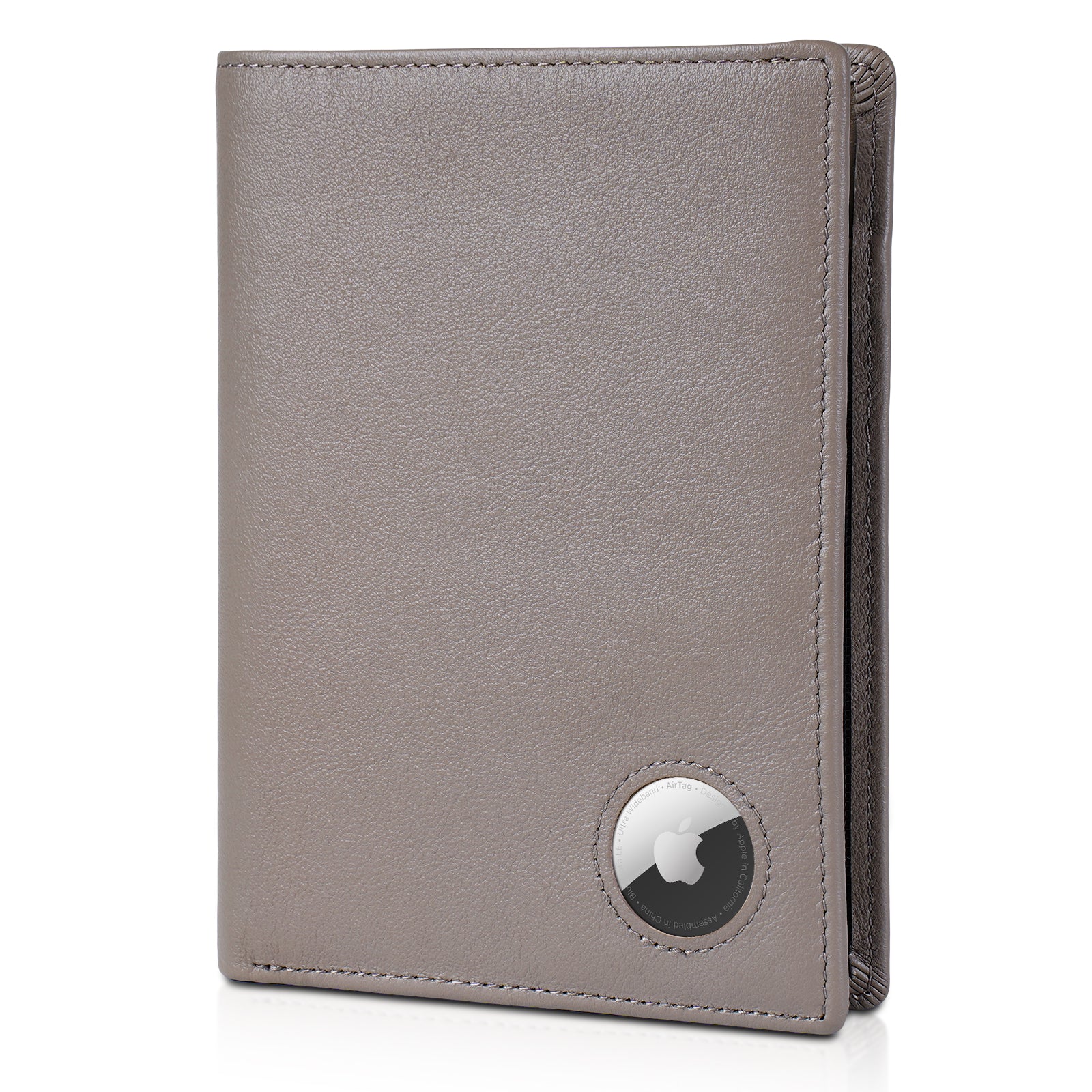 Luxury RFID Blocking Leather Passport Holder Travel Wallet with AirTag Slot (Grey)