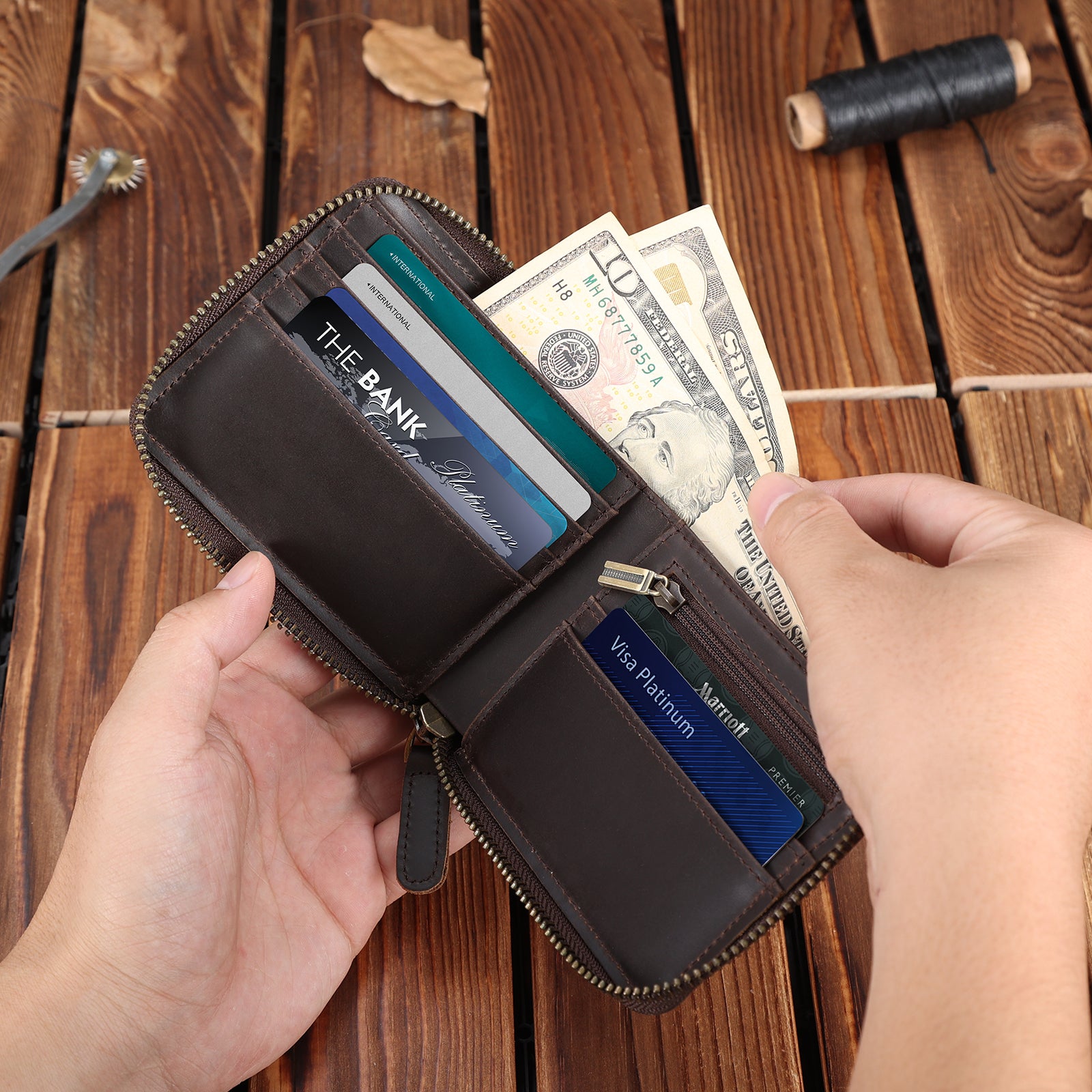 Full Grain Leather Bifold Wallet for Men RFID Blocking with AirTag Slot (Dark Brown,Scenario Shows)