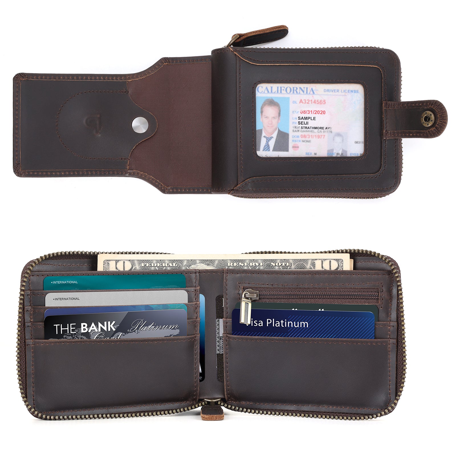 Full Grain Leather Bifold Wallet for Men RFID Blocking with AirTag Slot (Dark Brown,Inside)