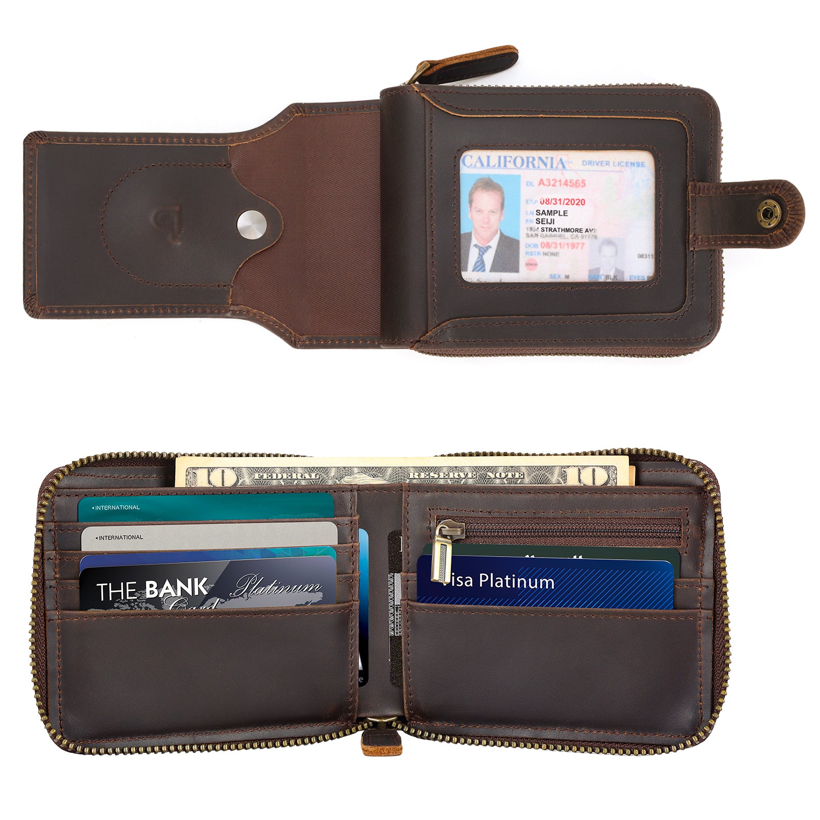 Full Grain Leather Bifold Wallet for Men RFID Blocking with AirTag Slot (Dark Brown,Inside)