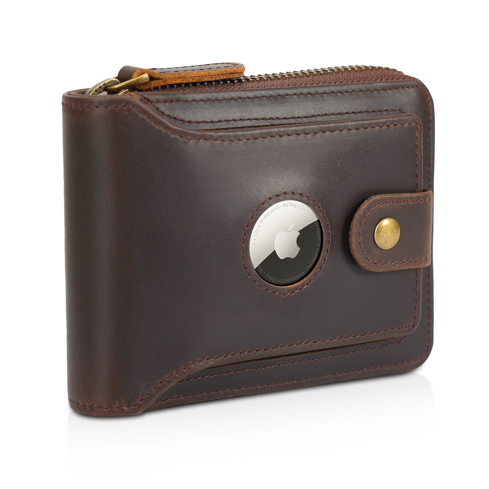 Full Grain Leather Bifold Wallet for Men RFID Blocking with AirTag Slot (Dark Brown)