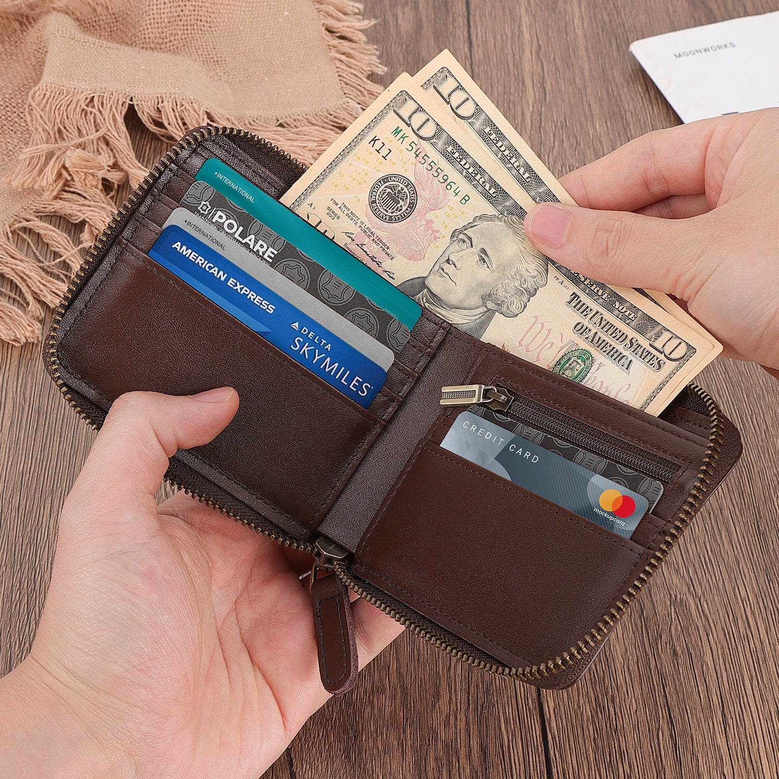 Full Grain Leather Bifold Wallet for Men RFID Blocking with AirTag Slot (Coffee,Scenario Shows)