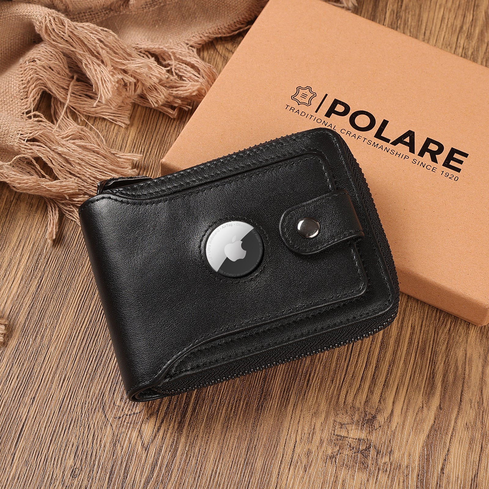 Full Grain Leather Bifold Wallet for Men RFID Blocking with AirTag Slot (Black,Scenario Shows)