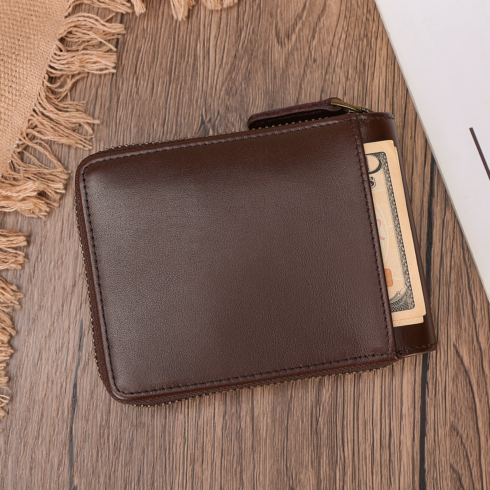 Full Grain Leather Bifold Wallet for Men RFID Blocking with AirTag Slot (Coffee,Back)