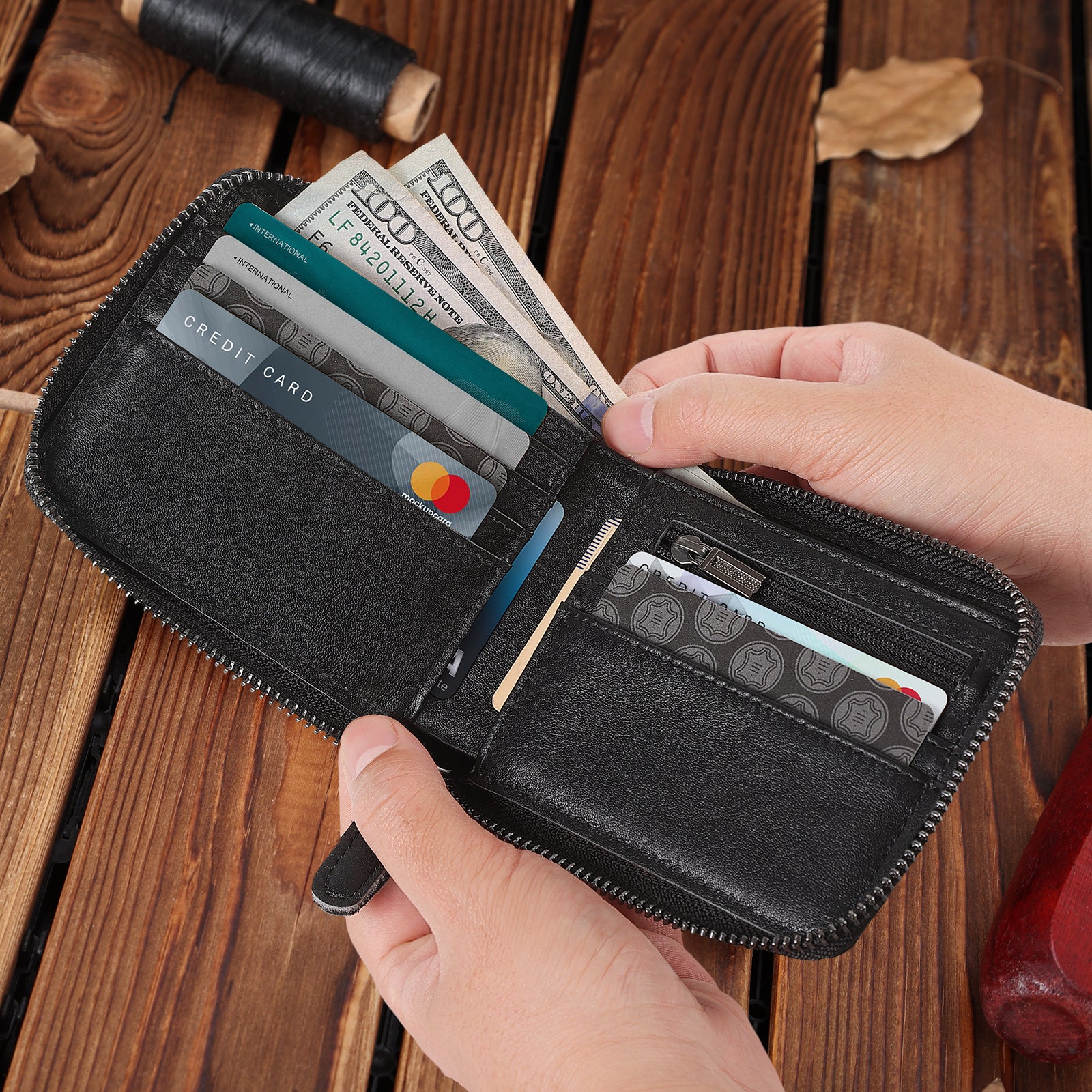 Full Grain Leather Bifold Wallet for Men RFID Blocking with AirTag Slot (Black,Model Display)