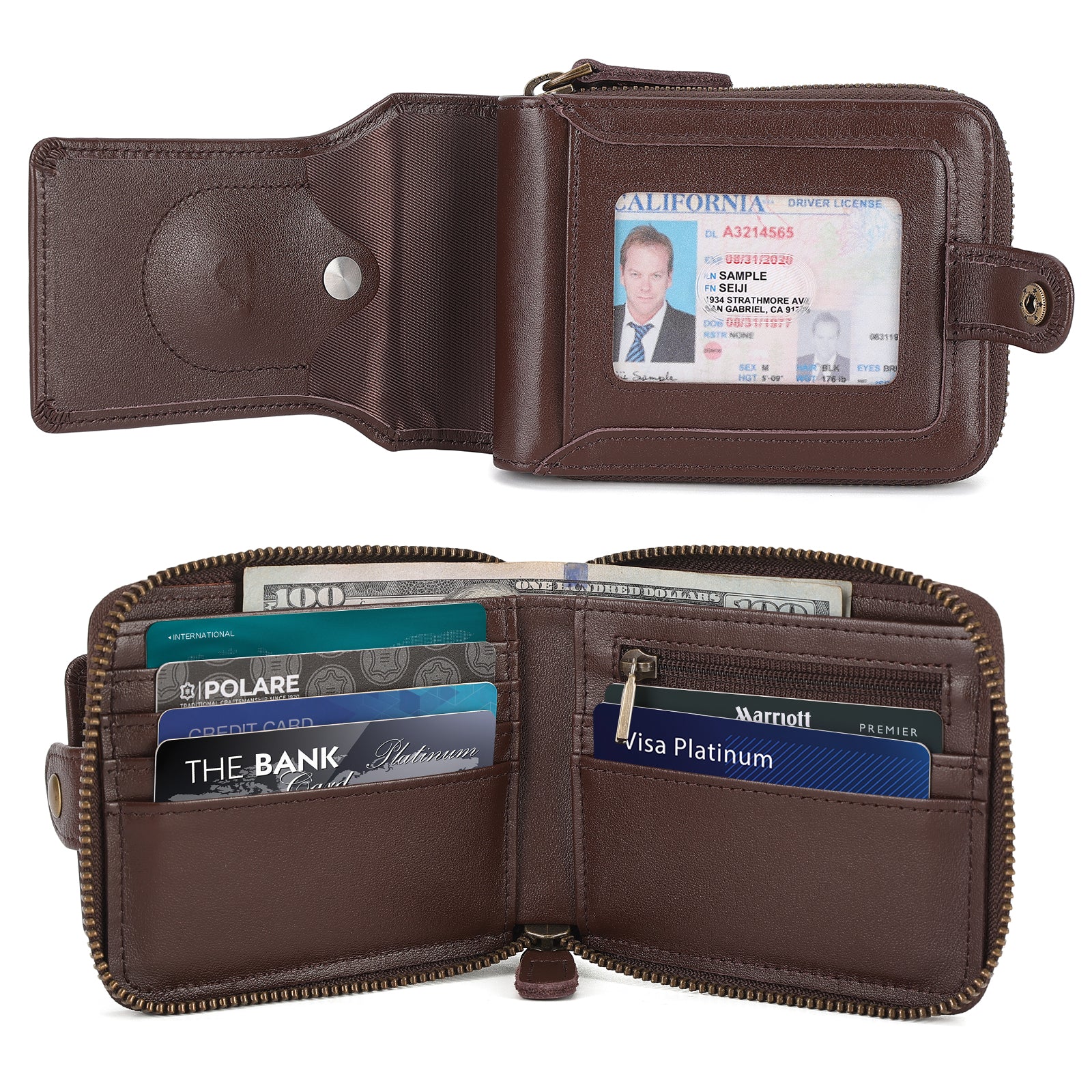 Full Grain Leather Bifold Wallet for Men RFID Blocking with AirTag Slot (Coffee,Inside)