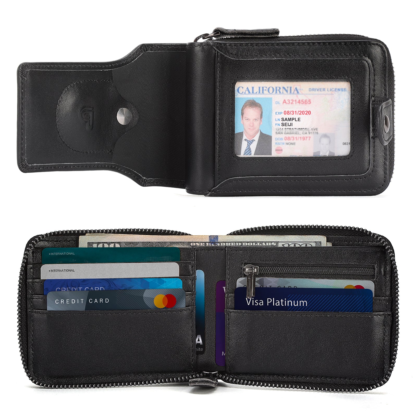 Full Grain Leather Bifold Wallet for Men RFID Blocking with AirTag Slot (Black,Inside)