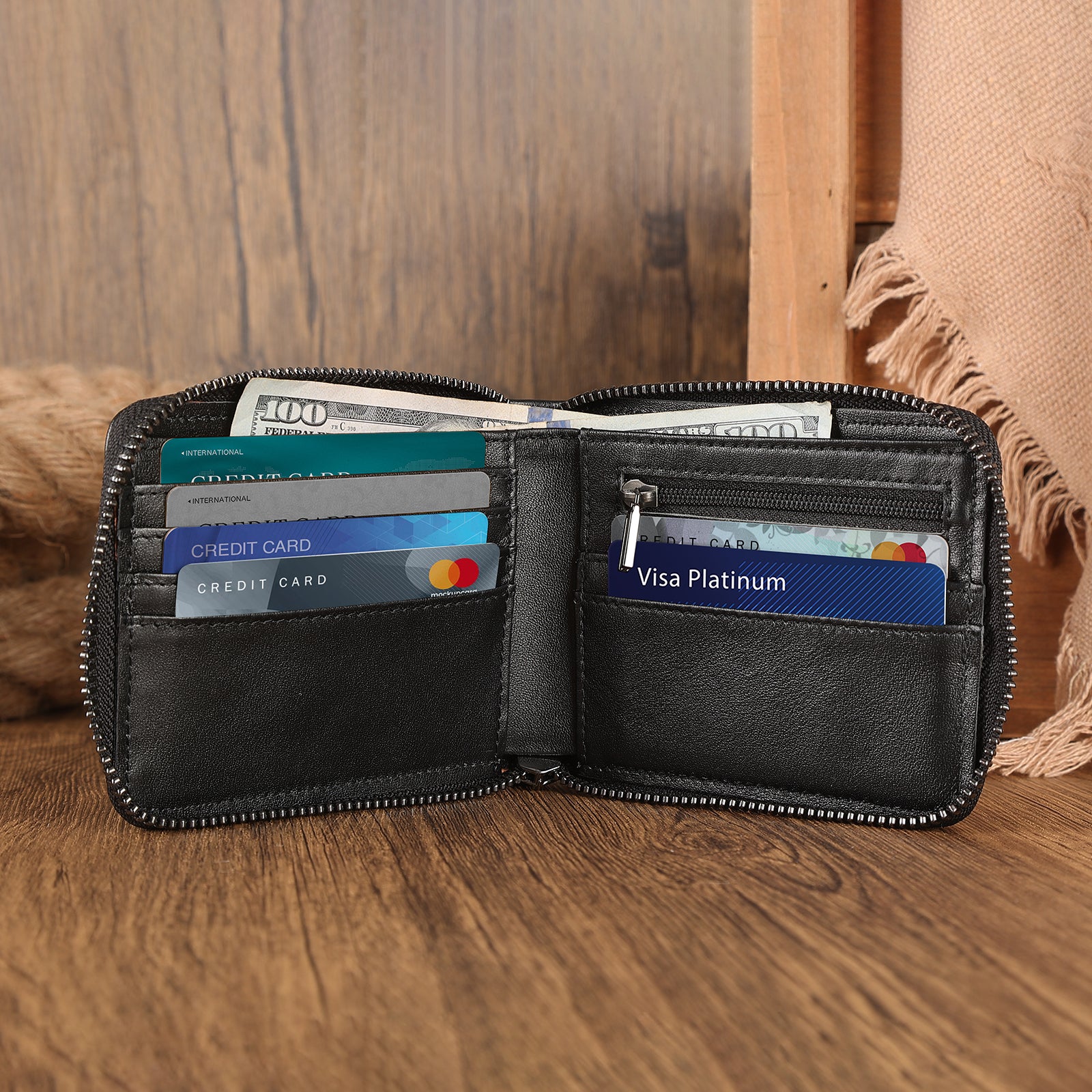 Full Grain Leather Bifold Wallet for Men RFID Blocking with AirTag Slot (Black,Scenario Shows)