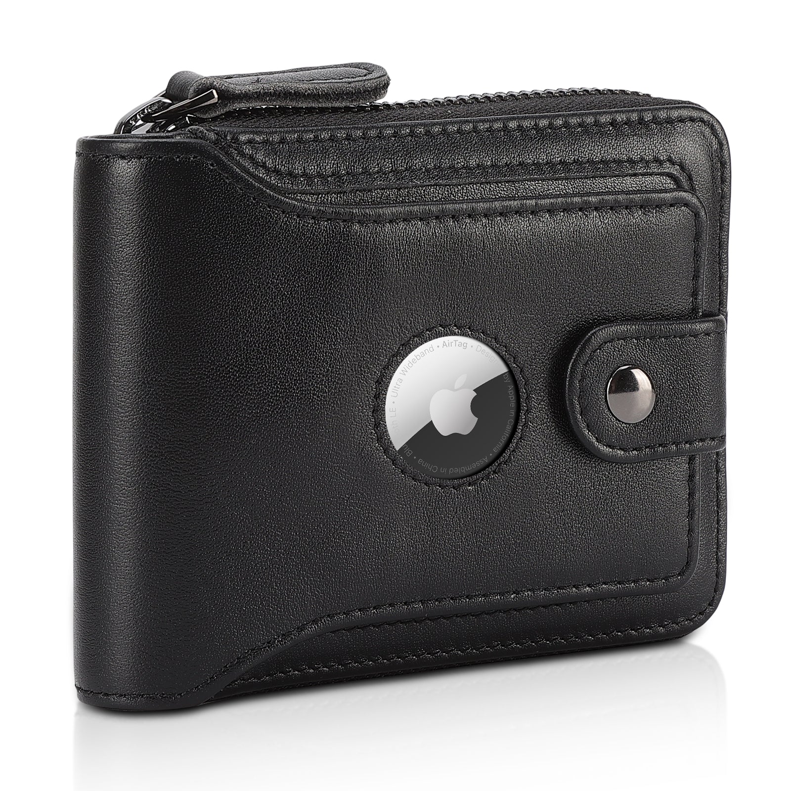 Full Grain Leather Bifold Wallet for Men RFID Blocking with AirTag Slot (Black)