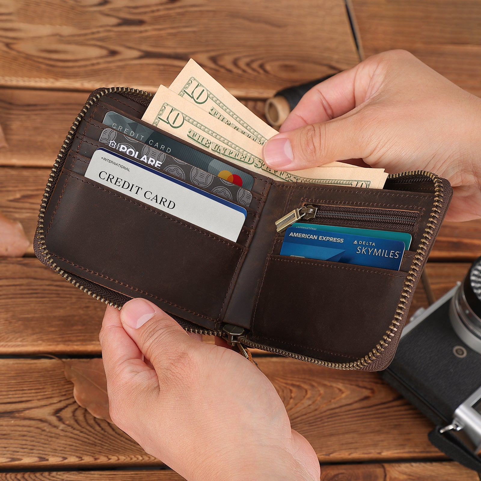 Leather Bifold Wallet RFID Blocking Cash Credit Card Case (Scenario Shows)