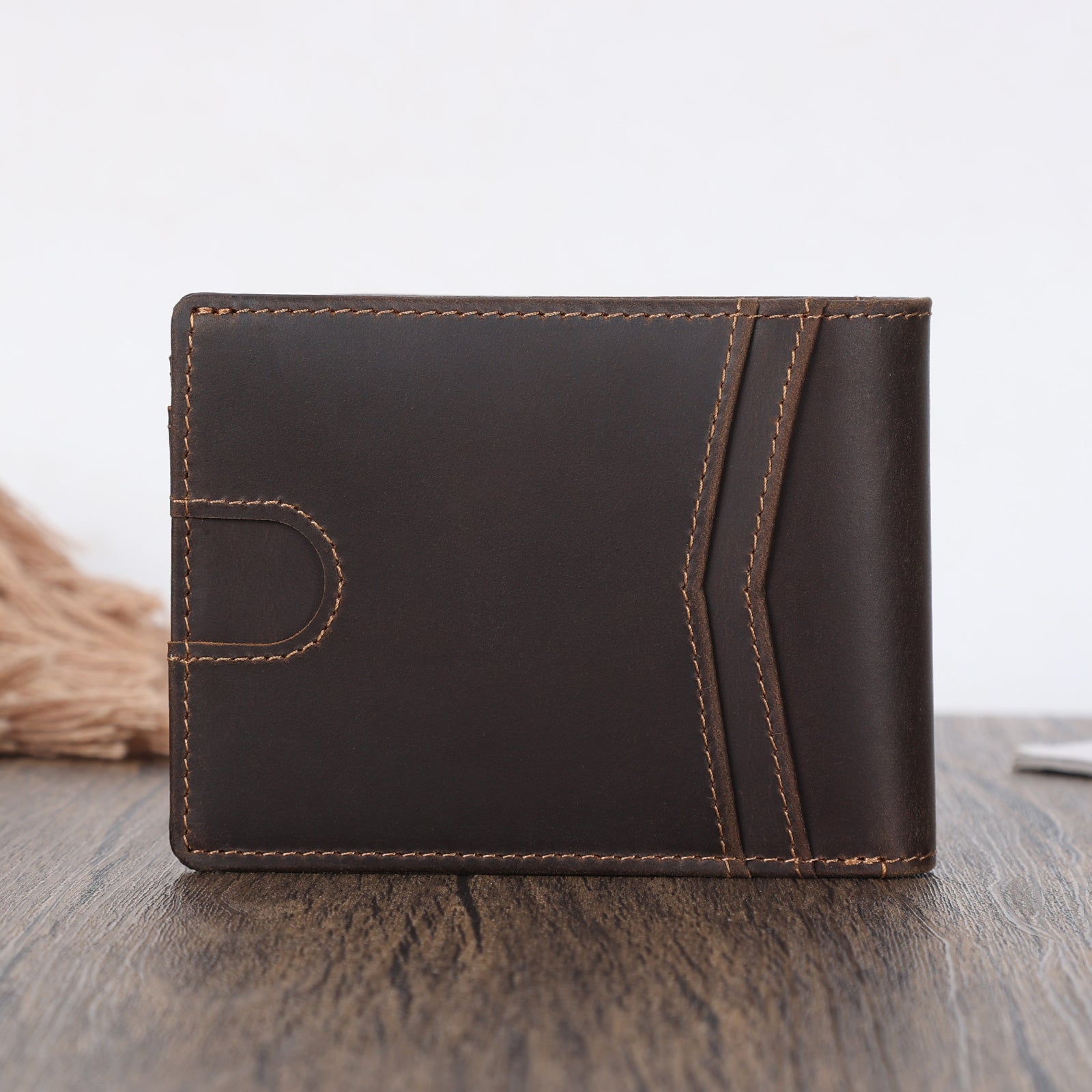 Full Grain Leather Bifold RFID Blocking Wallet with AirTag Slot (Back)