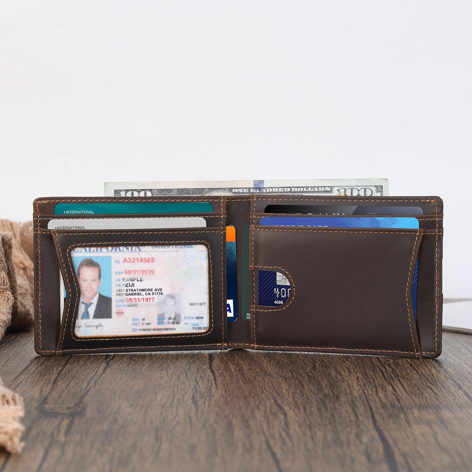 Full Grain Leather Bifold RFID Blocking Wallet with AirTag Slot (Inside)