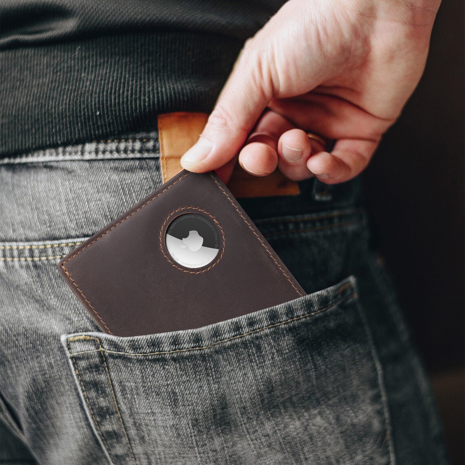 Full Grain Leather Bifold RFID Blocking Wallet with AirTag Slot (Model Display)