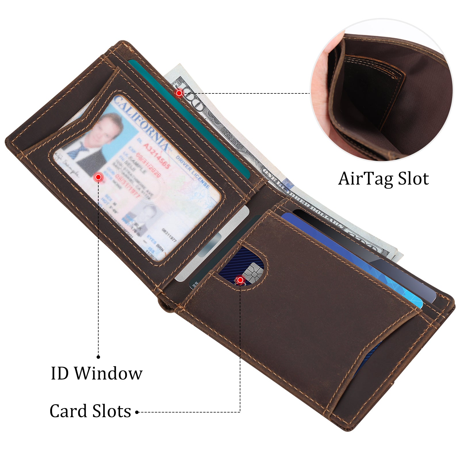 Full Grain Leather Bifold RFID Blocking Wallet with AirTag Slot (Inside)