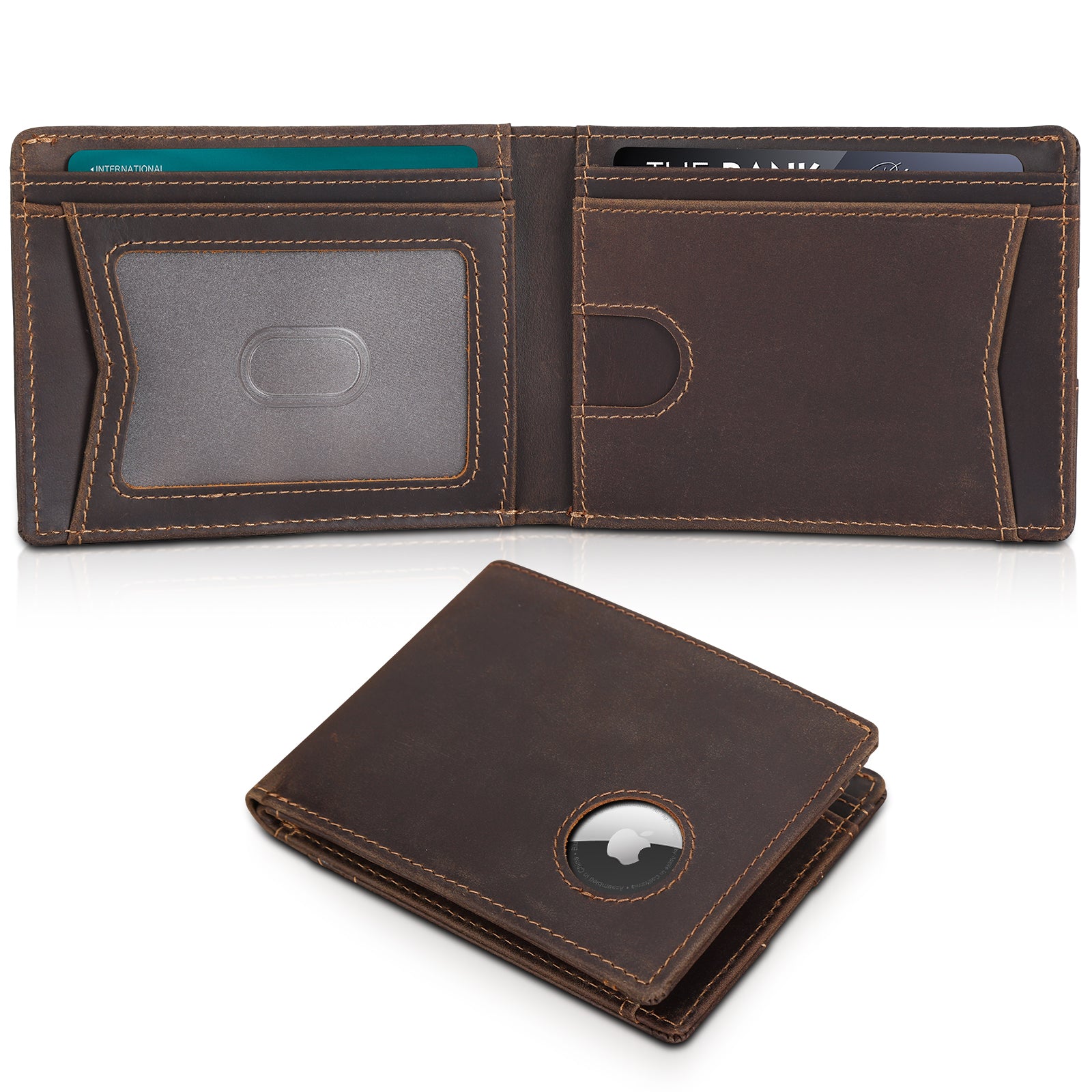 Full Grain Leather Bifold RFID Blocking Wallet with AirTag Slot