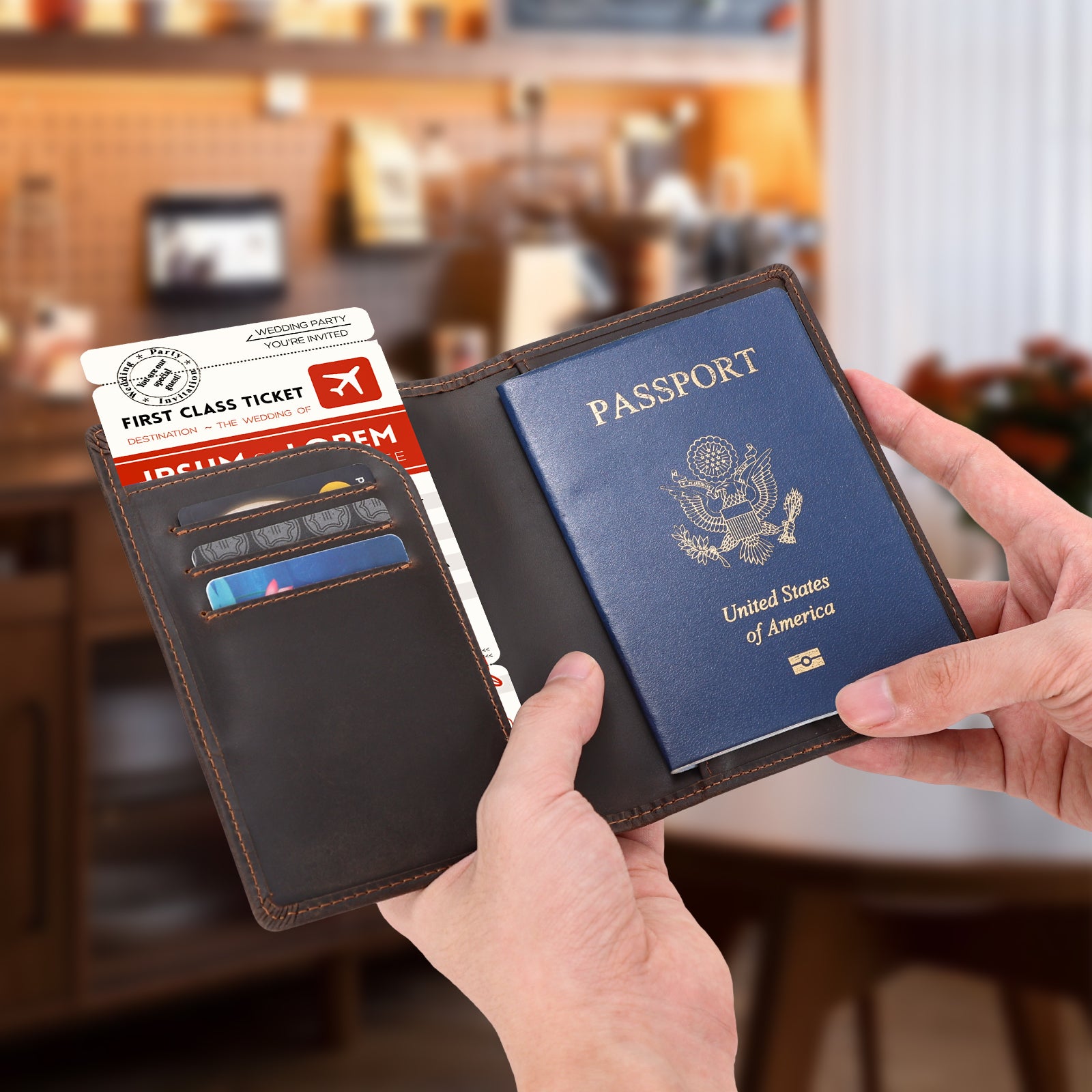 RFID Blocking Leather Passport Holder Travel Bifold Wallet (Dark Brown,Model Display)