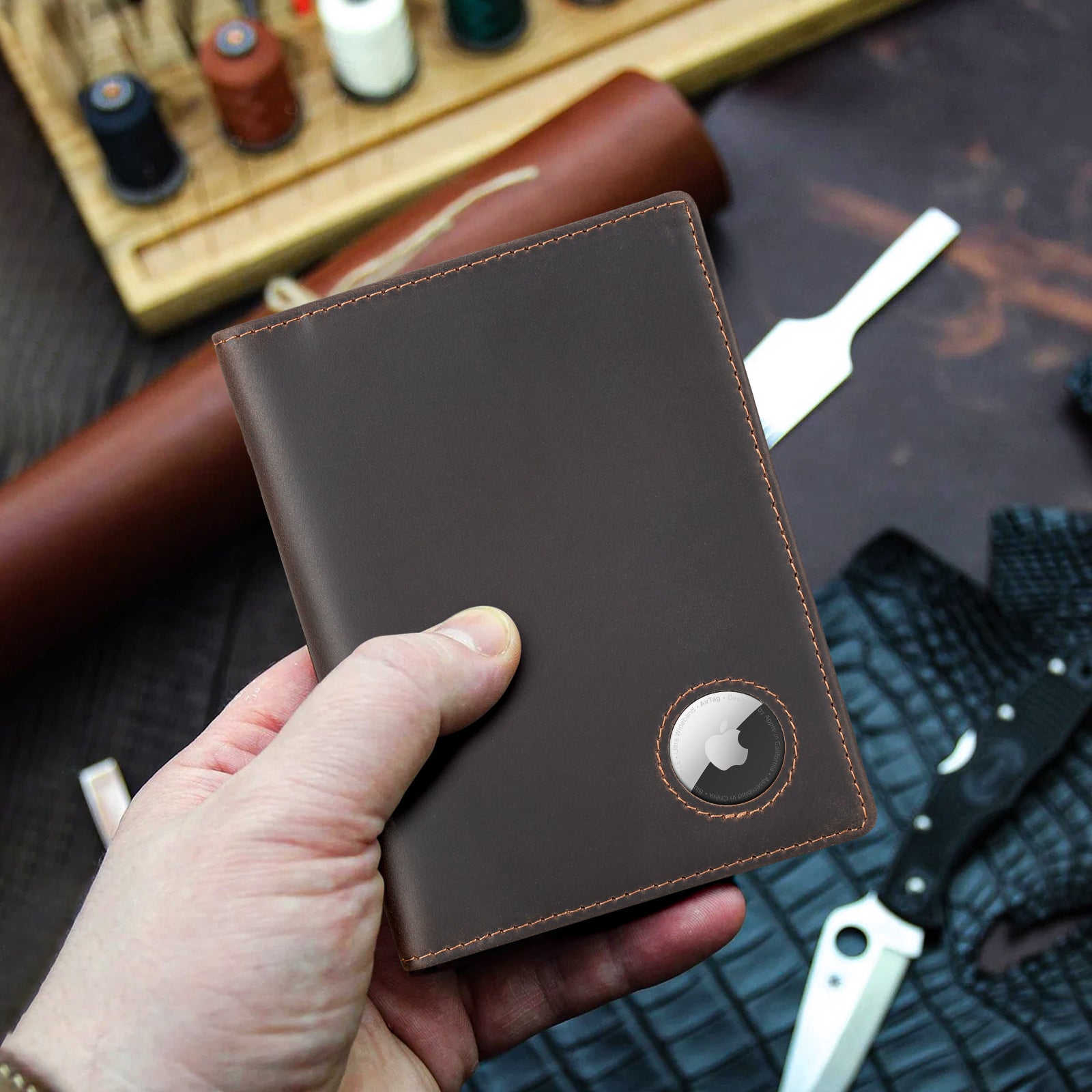 RFID Blocking Leather Passport Holder Travel Bifold Wallet (Dark Brown,Model Display)