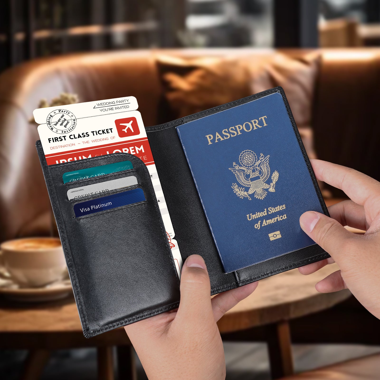 RFID Blocking Leather Passport Holder Travel Bifold Wallet (Black,Model Display)