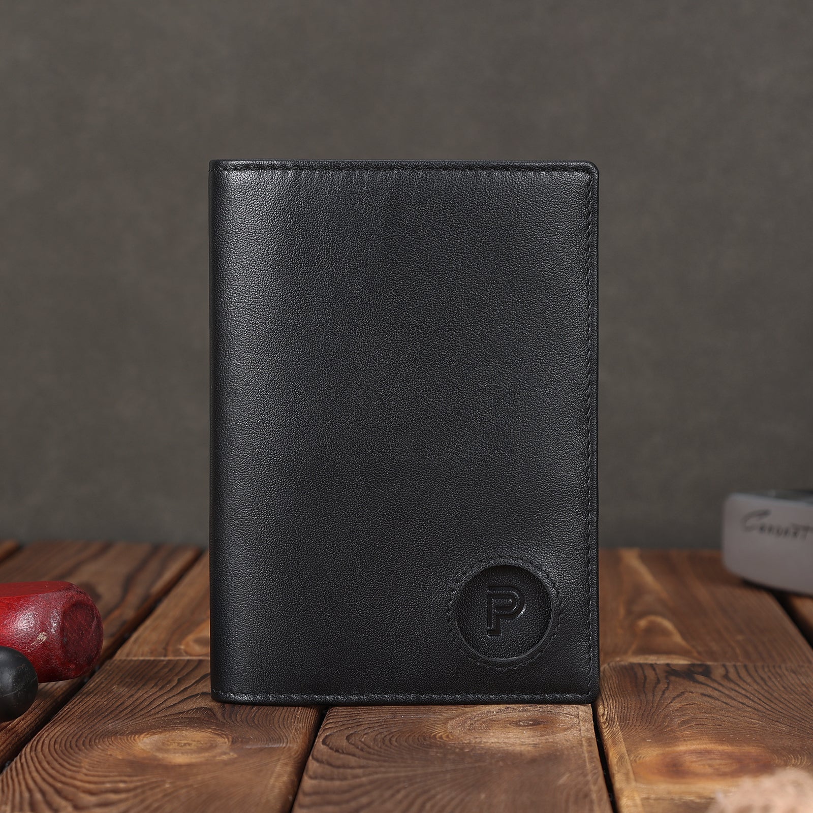 RFID Blocking Leather Passport Holder Travel Bifold Wallet (Black,Front)