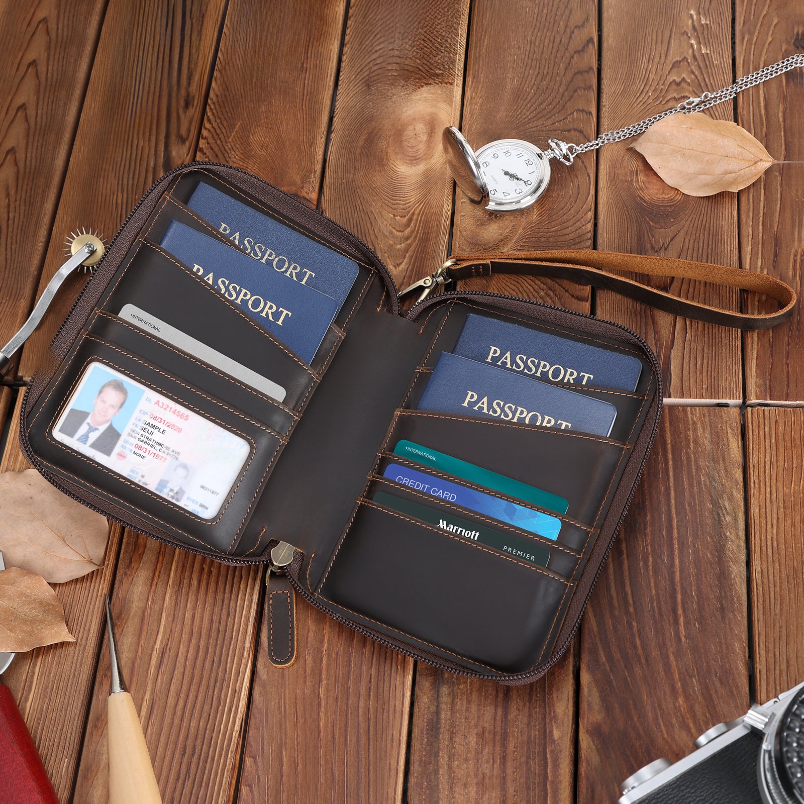 Full Grain Leather Family Passport Cover Wallet for 4 Passports (Dark Brown,Scenario Shows)
