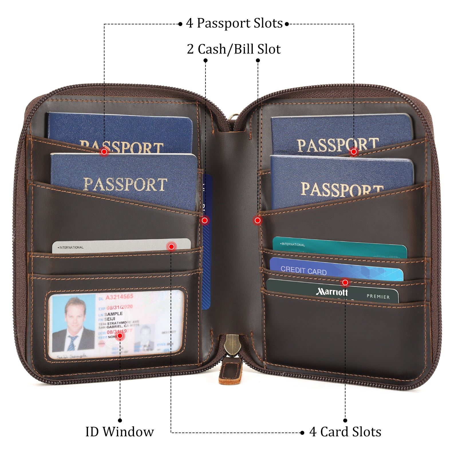 Full Grain Leather Family Passport Cover Wallet for 4 Passports (Dark Brown,Inside)