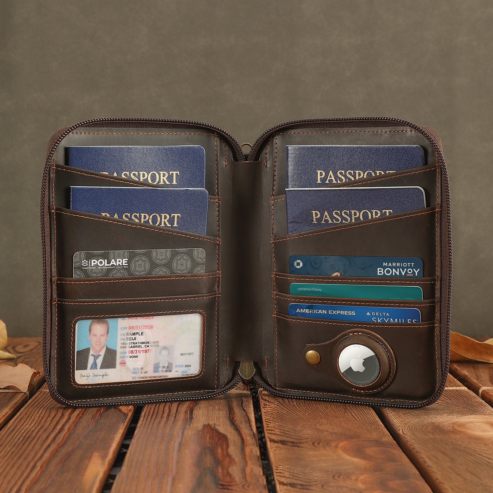 Leather Family Passport Wallet for 4 Passports with AirTag Slot (Dark Brown,Scenario Shows)