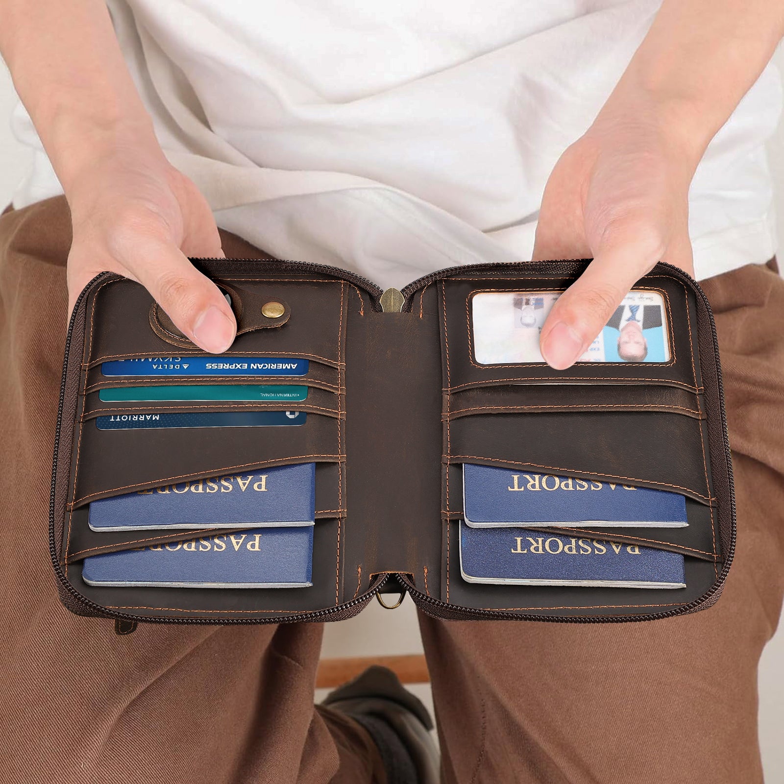 Leather Family Passport Wallet for 4 Passports with AirTag Slot (Dark Brown,Model Display)