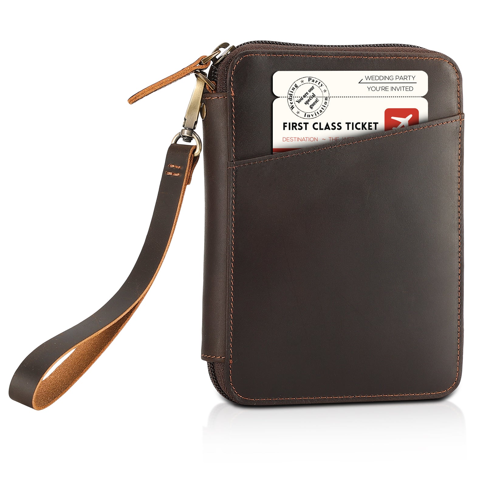 Leather Family Passport Wallet for 4 Passports with AirTag Slot (Dark Brown,Front)