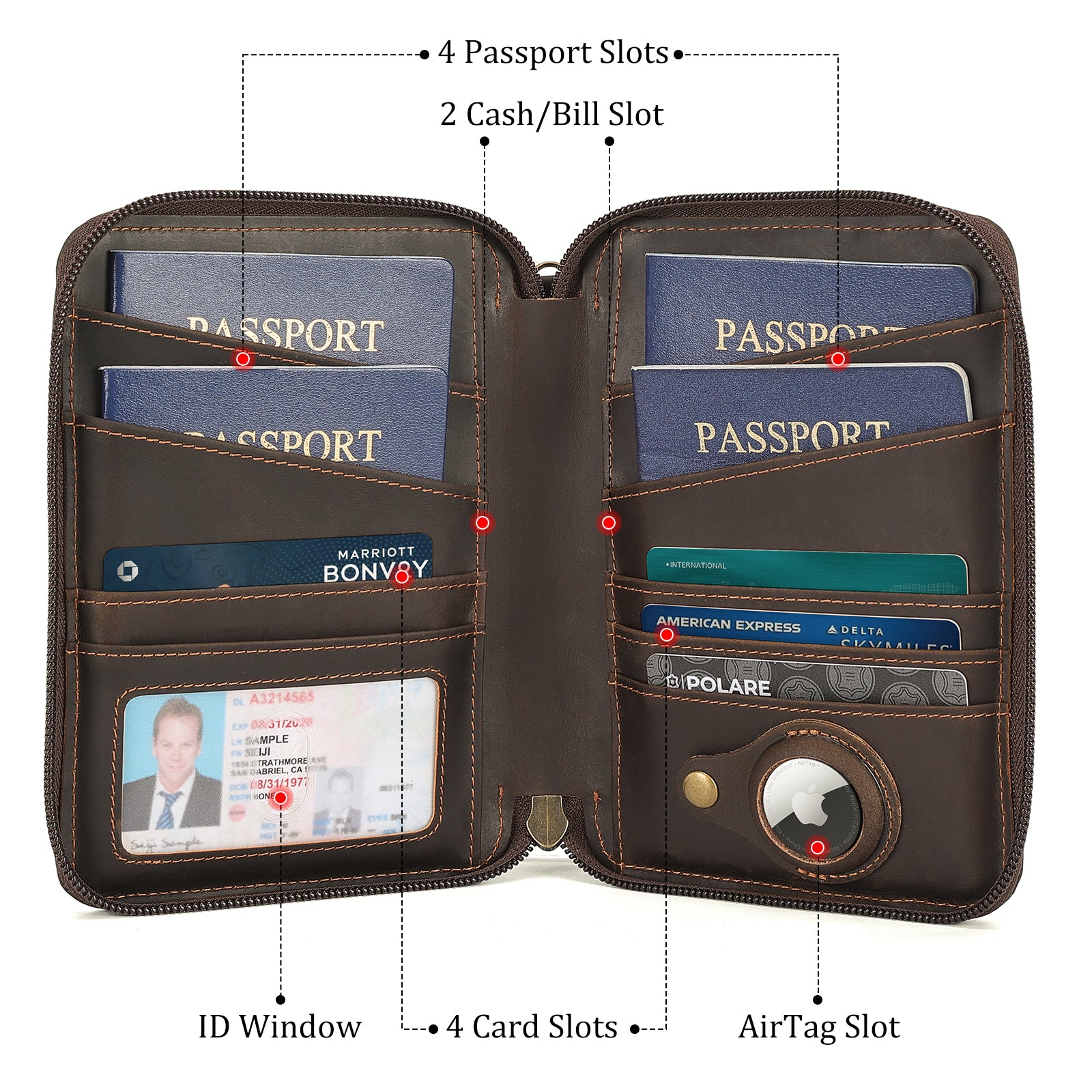 Leather Family Passport Wallet for 4 Passports with AirTag Slot (Dark Brown,Inside)