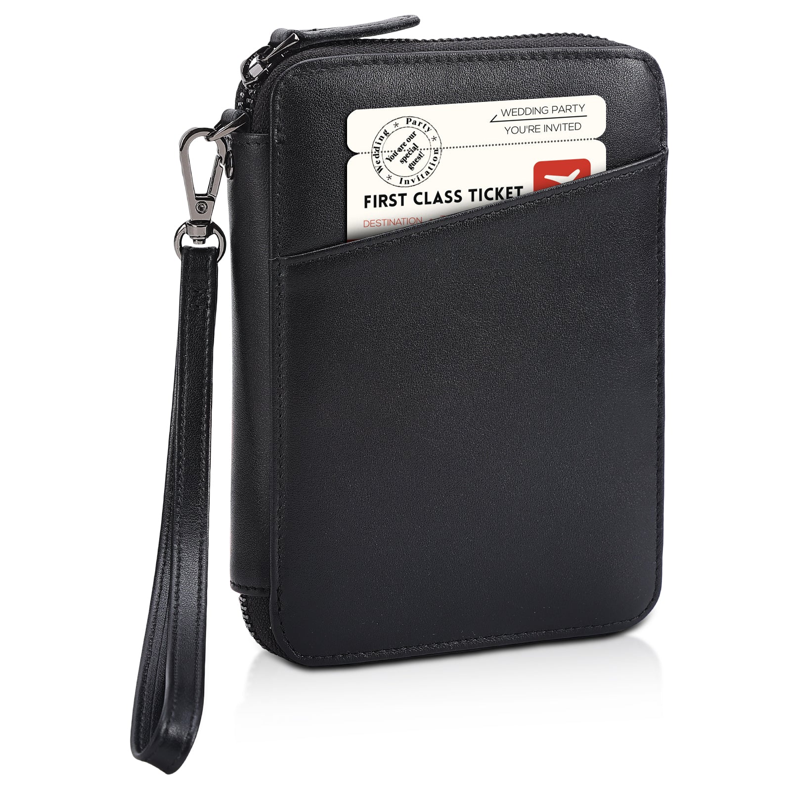Leather Family Passport Wallet for 4 Passports with AirTag Slot (Black,Front)