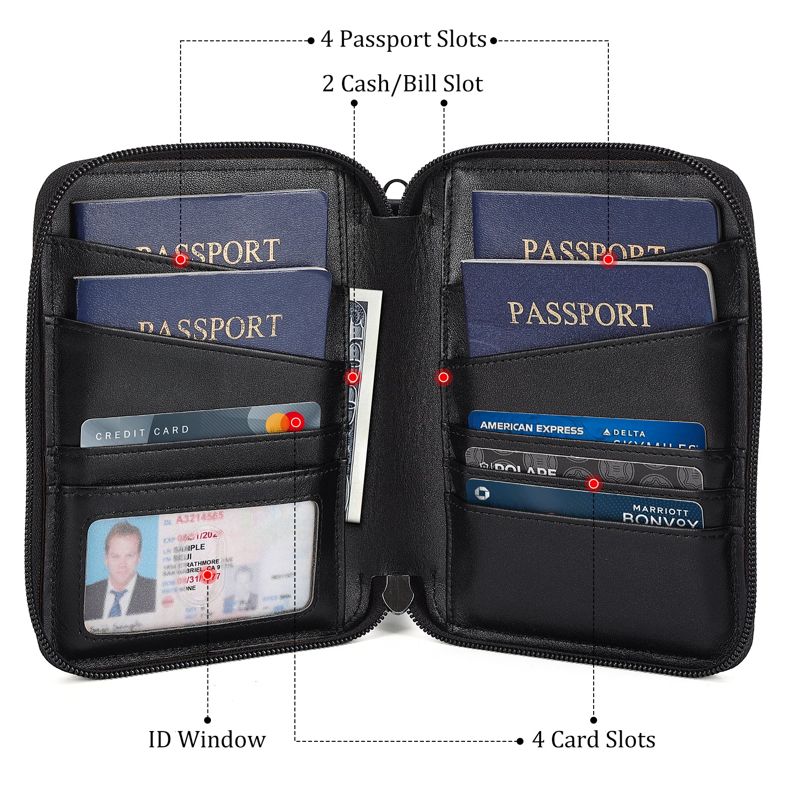 Full Grain Leather Family Passport Cover Wallet for 4 Passports (Black,Inside)