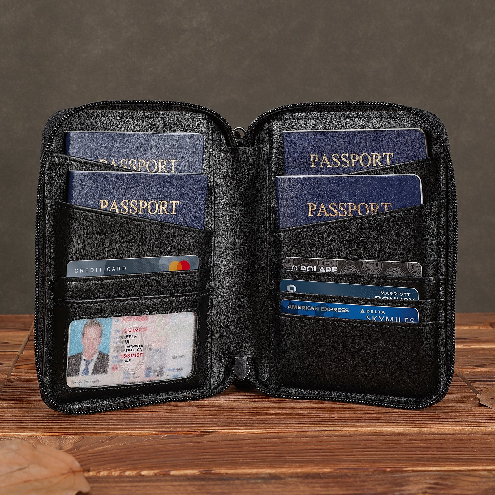 Full Grain Leather Family Passport Cover Wallet for 4 Passports (Black, Scenario Shows)