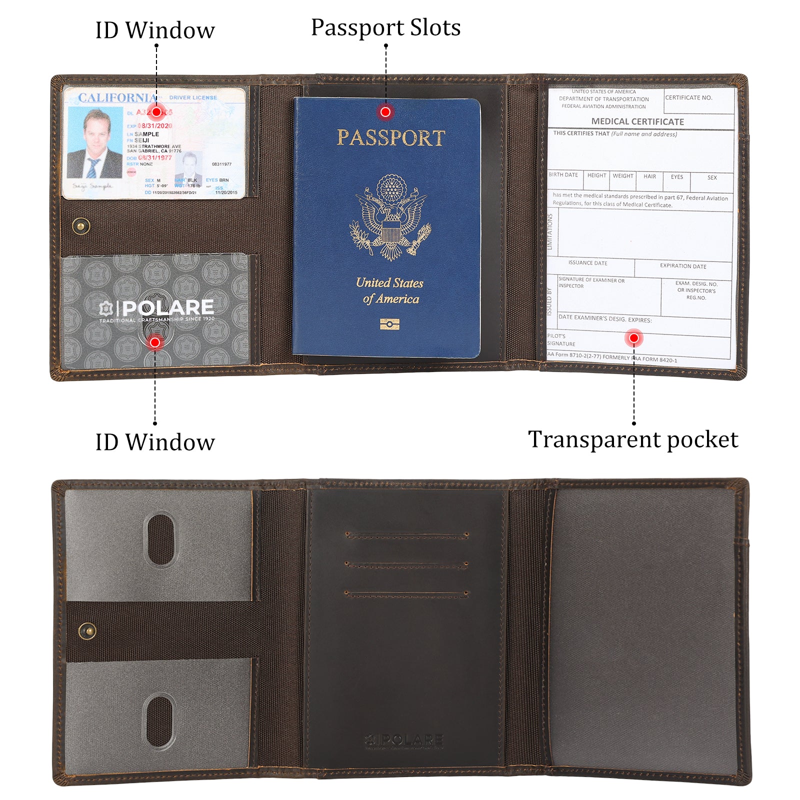 Leather Pilot Wallet Passport Holder Tri-fold Travel Cover (Dark Brown,Inside)