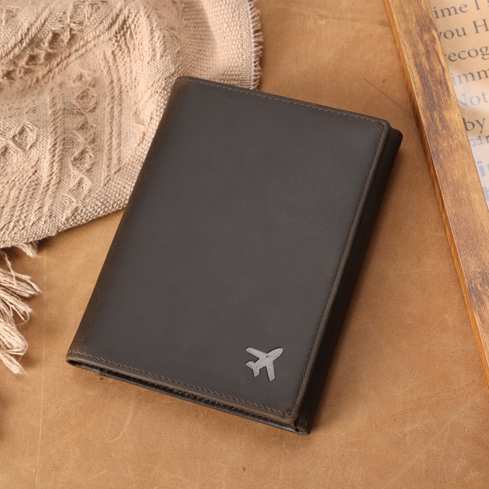 Leather Pilot Wallet Passport Holder Tri-fold Travel Cover (Dark Brown,Scenario Shows)