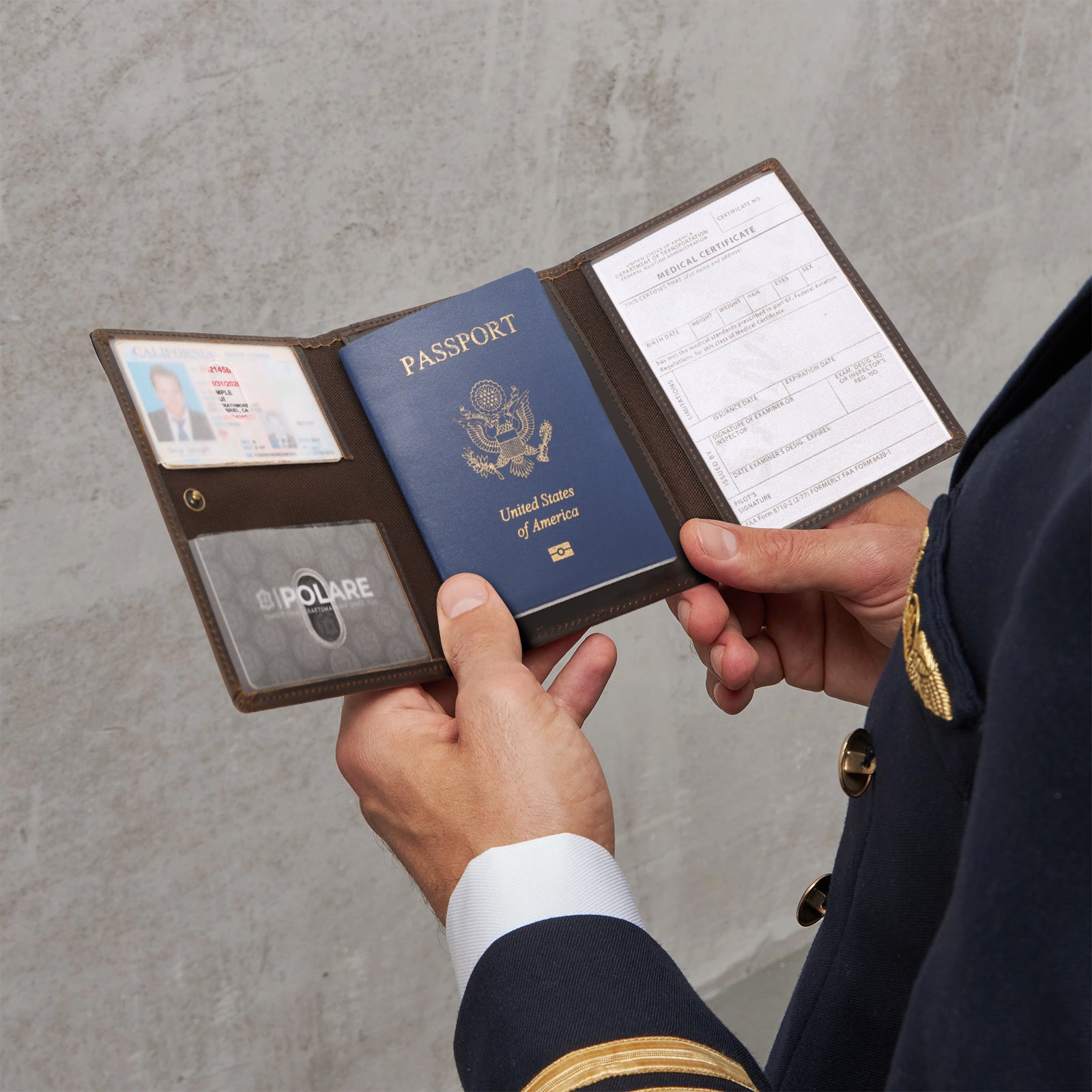 Leather Pilot Wallet Passport Holder Tri-fold Travel Cover (Dark Brown,Model Display)