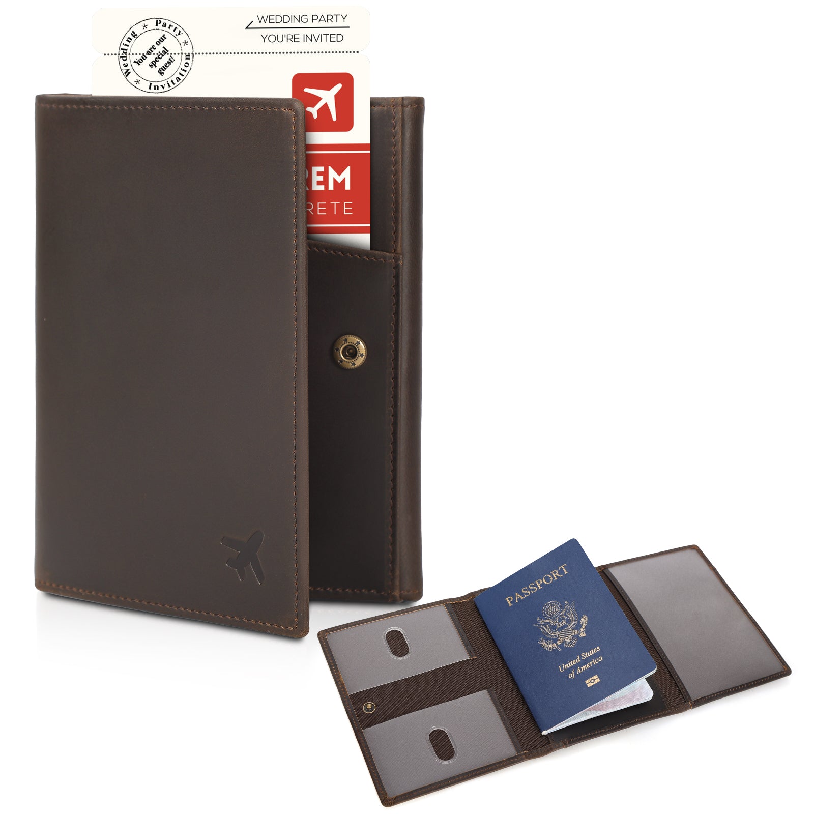 Leather Pilot Wallet Passport Holder Tri-fold Travel Cover (Dark Brown)