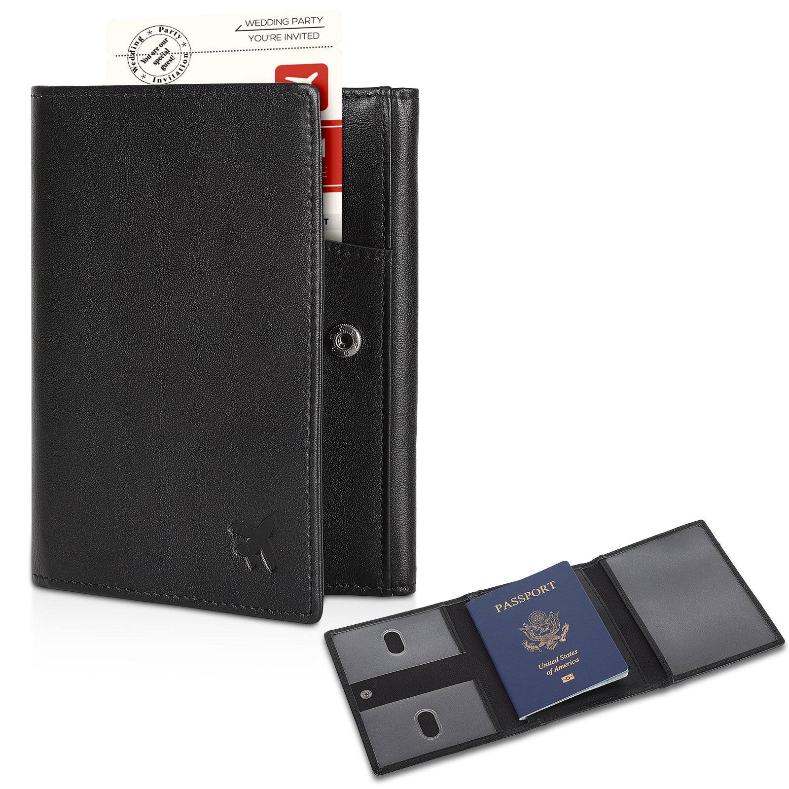 Leather Pilot Wallet Passport Holder Tri-fold Travel Cover (Black)