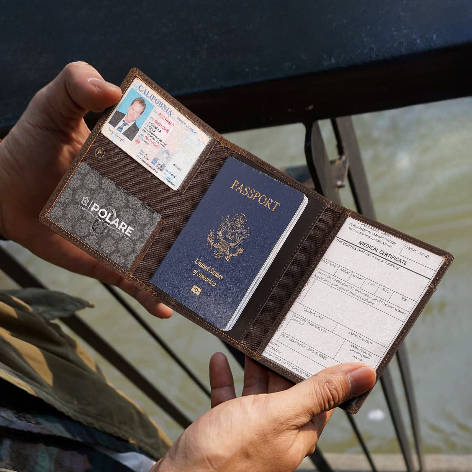 Leather Pilot Wallet Passport Holder with AirTag Slot (Dark Brown,Model Display)