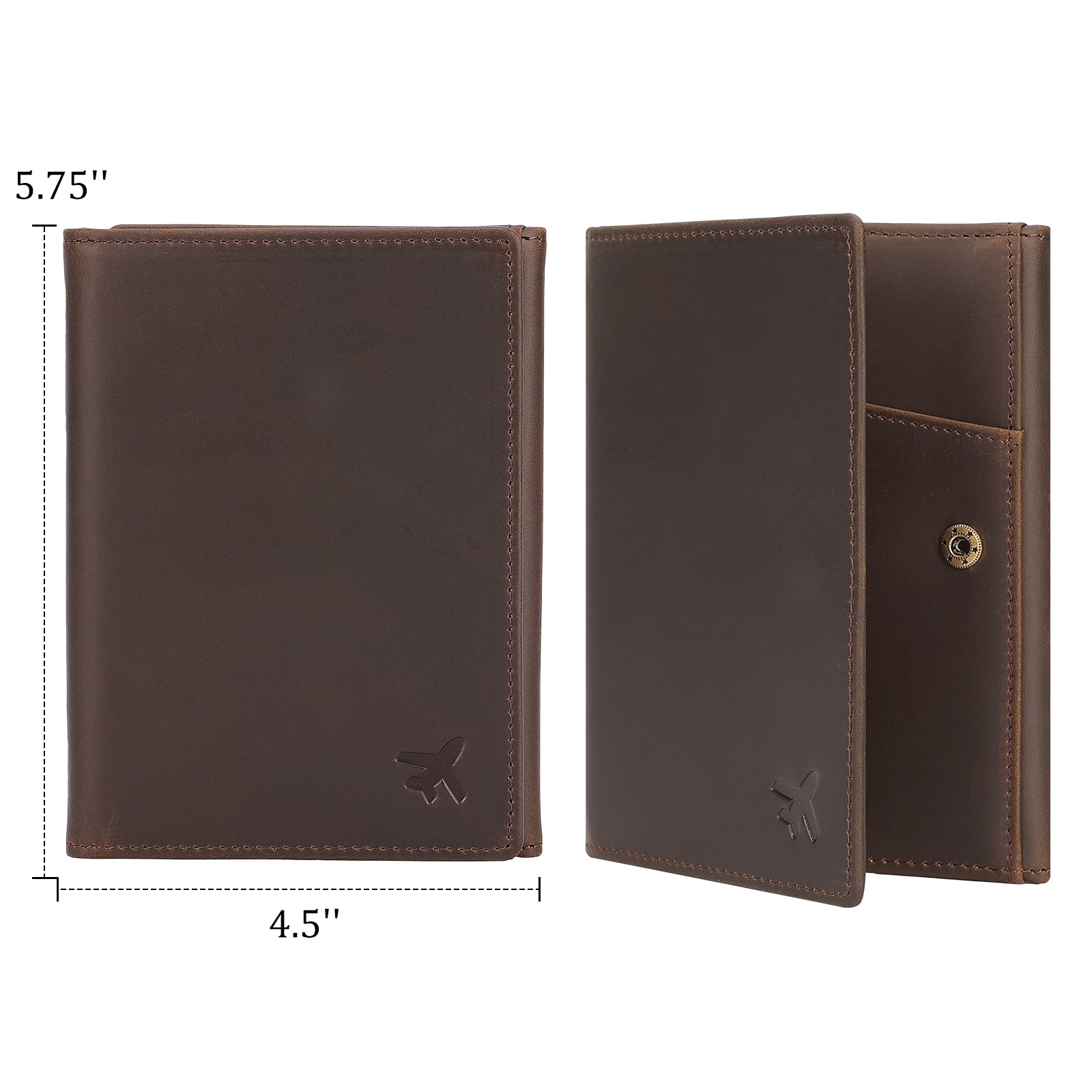 Leather Pilot Wallet Passport Holder with AirTag Slot (Dark Brown, Dimension)