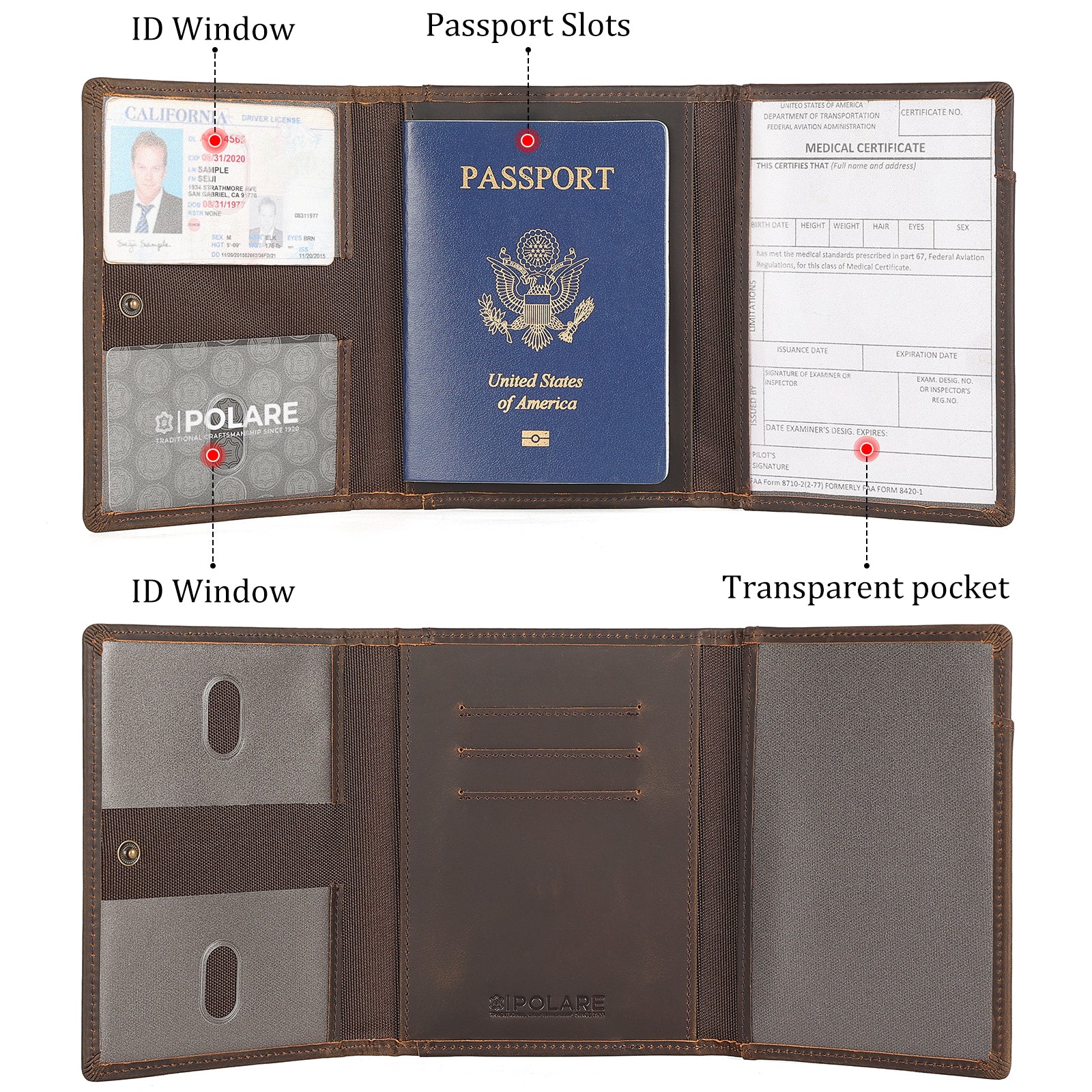 Leather Pilot Wallet Passport Holder with AirTag Slot (Dark Brown, Inside)